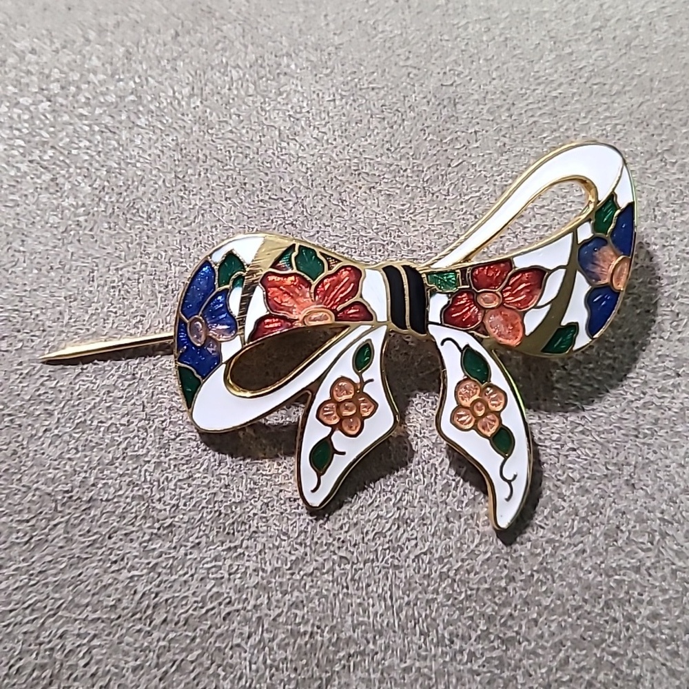 Vintage 1980's Gold Tone Cloisonne Bow Brooch Floral Enamel - Picture 7 of 11